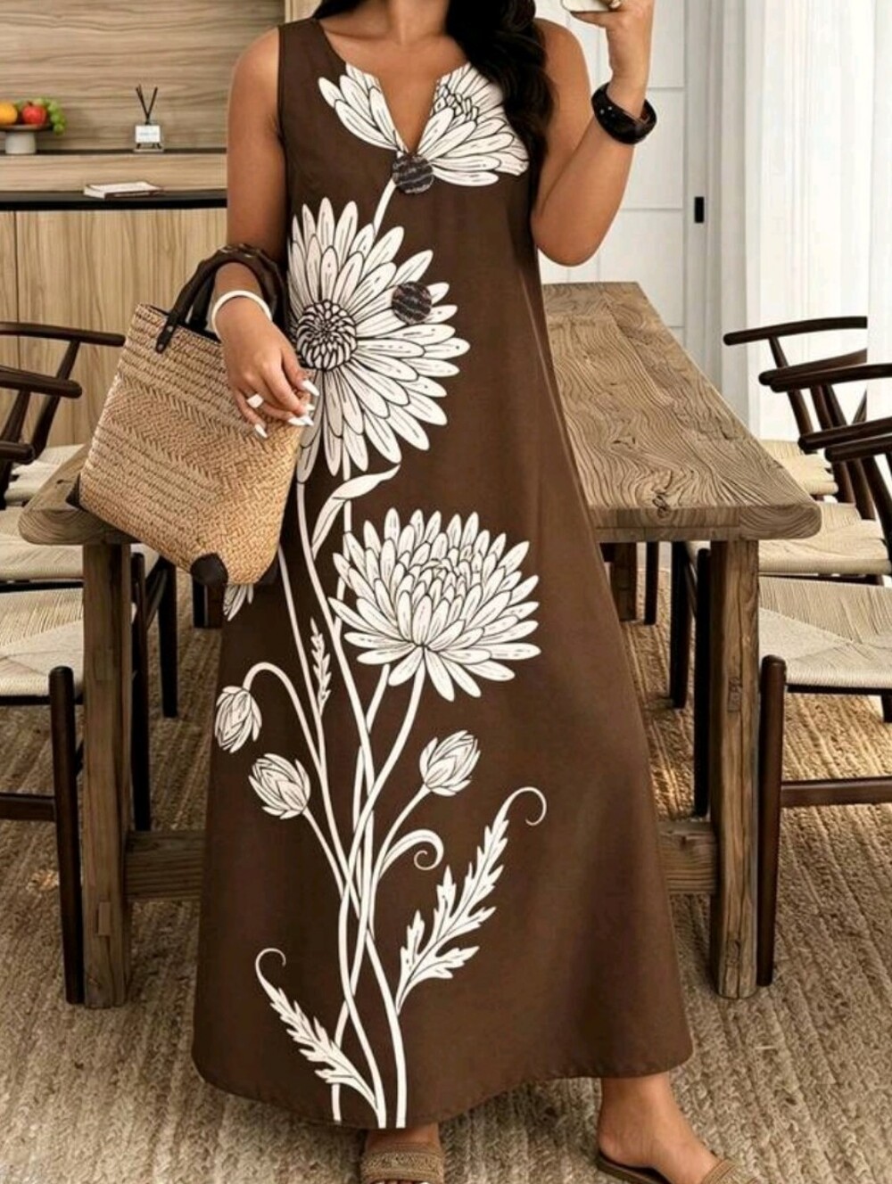 BRAND NEW ** Sleeveless Brown Floral Maxi Dress with Button Detail